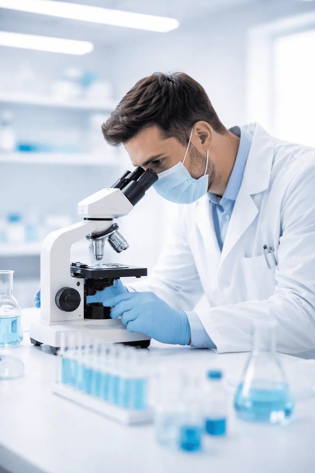 Pharmaceutical scientist using microscope in modern laboratory with medical equipment