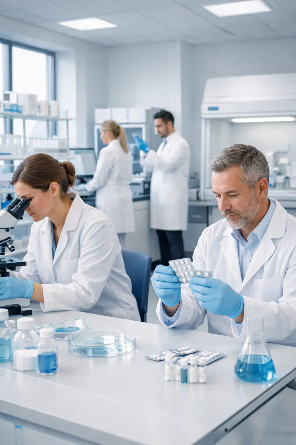 Pharmaceutical scientists working in a laboratory analyzing medicines and conducting research