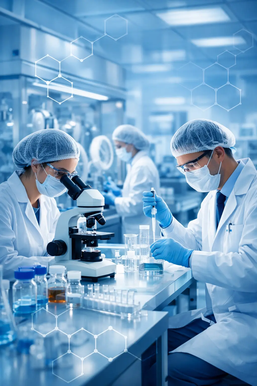 Pharmaceutical scientists conducting laboratory testing with microscope and samples