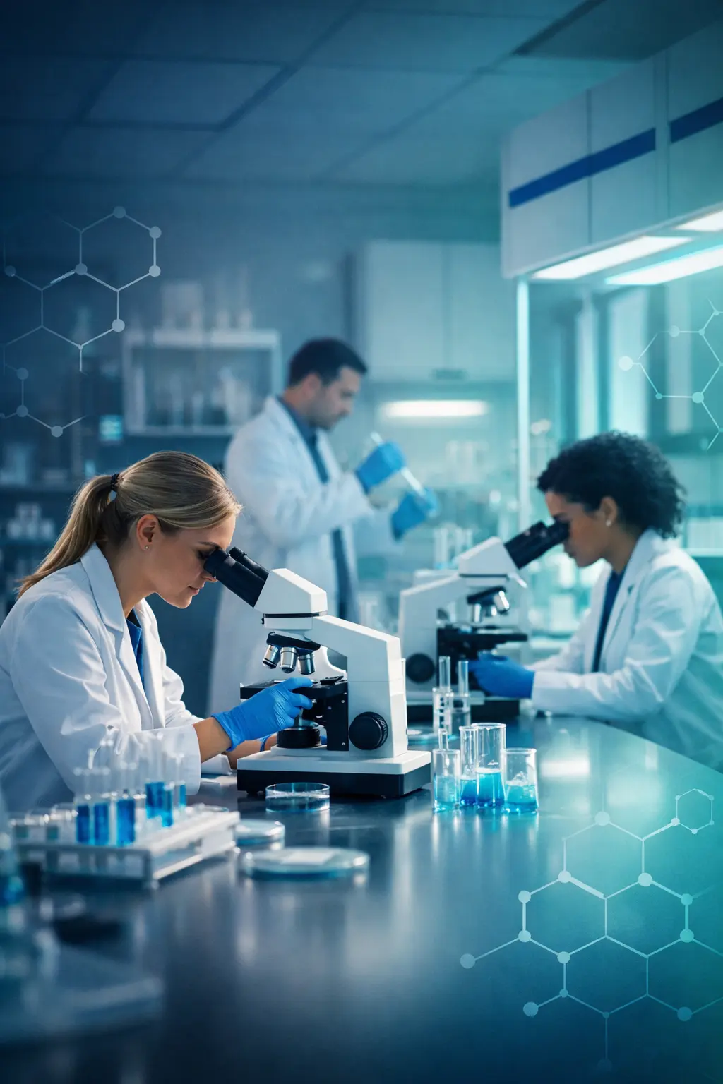 Medical researchers collaborating in a laboratory with advanced scientific equipment