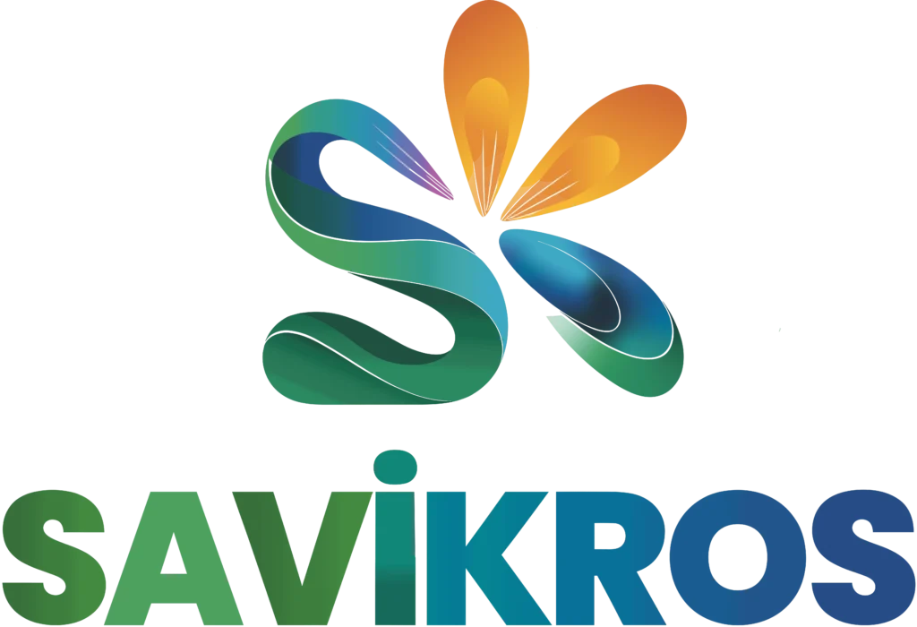 Savikros logo with abstract colorful S symbol in green, blue, and orange gradient